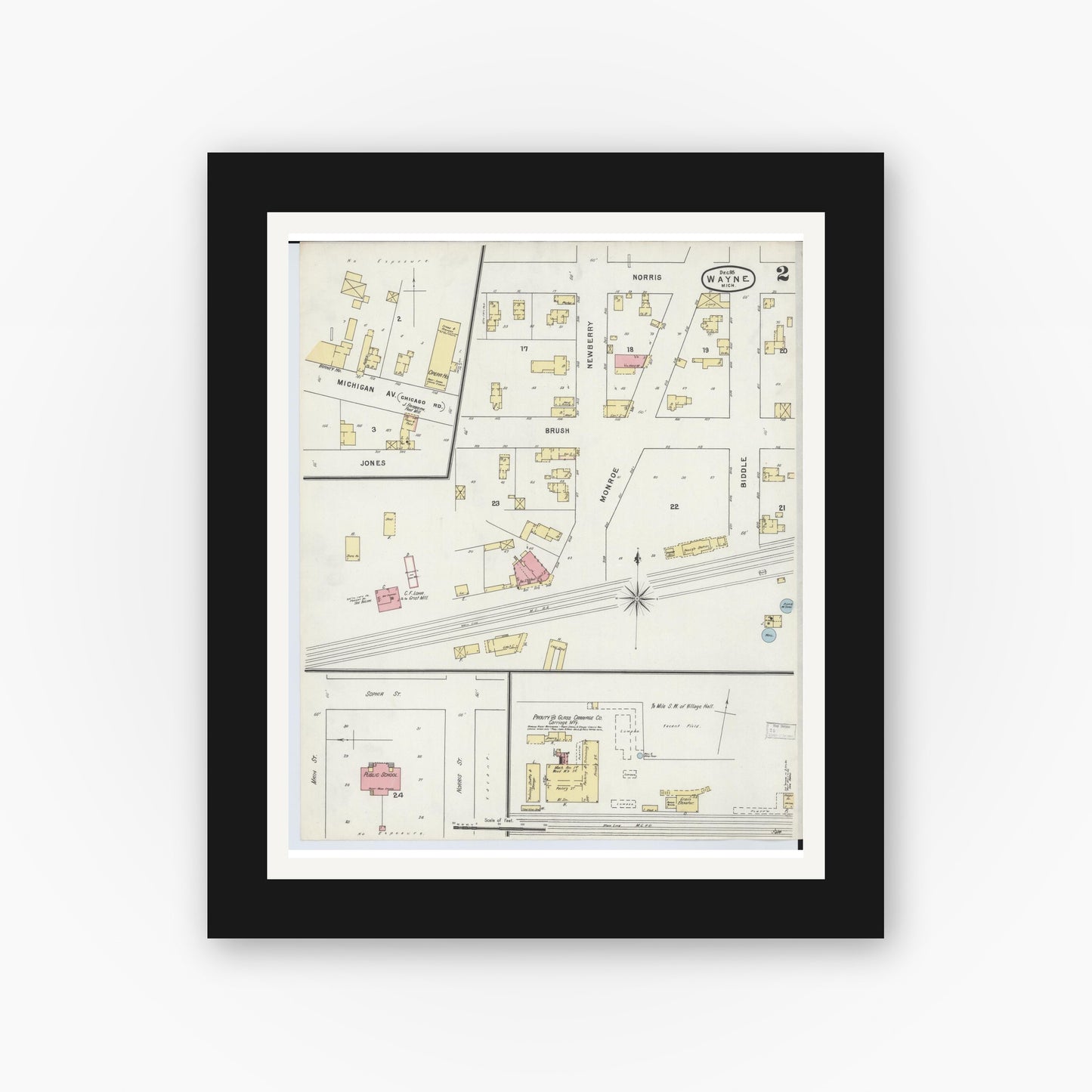 Old map wall art mockup — black gallery frame with white mat — Sanborn Fire Insurance Map from Wayne, Wayne County, Michigan (1895), Sheet #0002