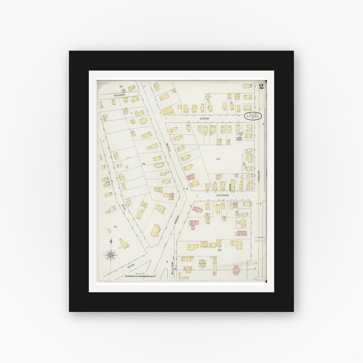 Old map wall art mockup — black gallery frame with white mat — Sanborn Fire Insurance Map from Lyons, Wayne County, New York (1894) - Complete Map Set