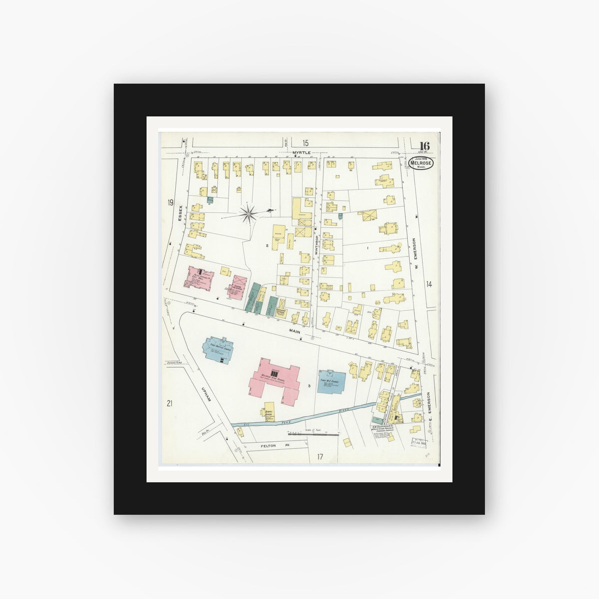 Old map wall art mockup — black gallery frame with white mat — Sanborn Fire Insurance Map from Melrose, Middlesex County, Massachusetts (1909), Sheet #0016