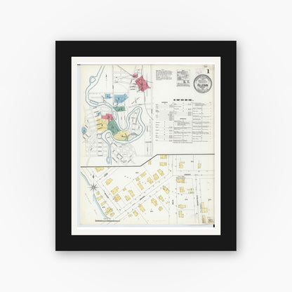 Old map wall art mockup — black gallery frame with white mat — Sanborn Fire Insurance Map from Allegan, Allegan County, Michigan (1906), Sheet #0001