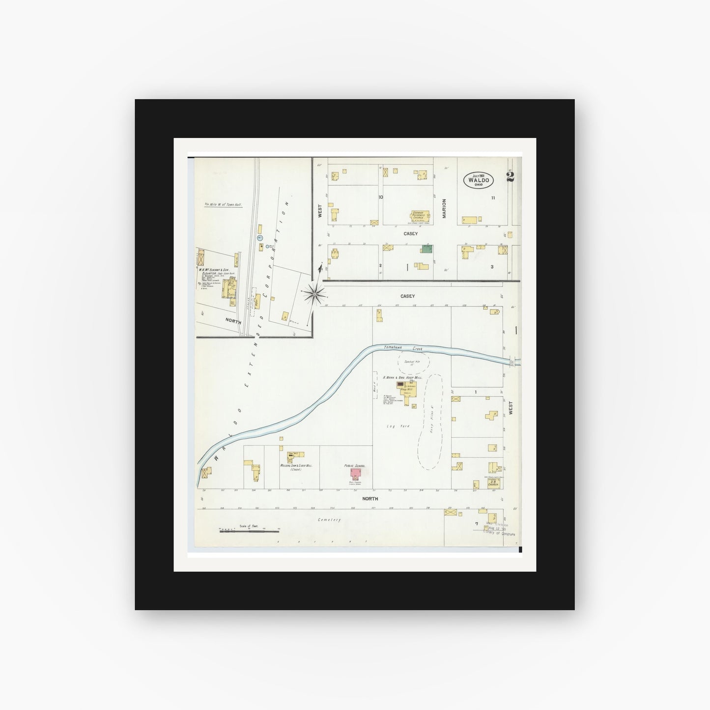 Old map wall art mockup — black gallery frame with white mat — Sanborn Fire Insurance Map from Waldo, Marion County, Ohio (1901), Sheet #0002