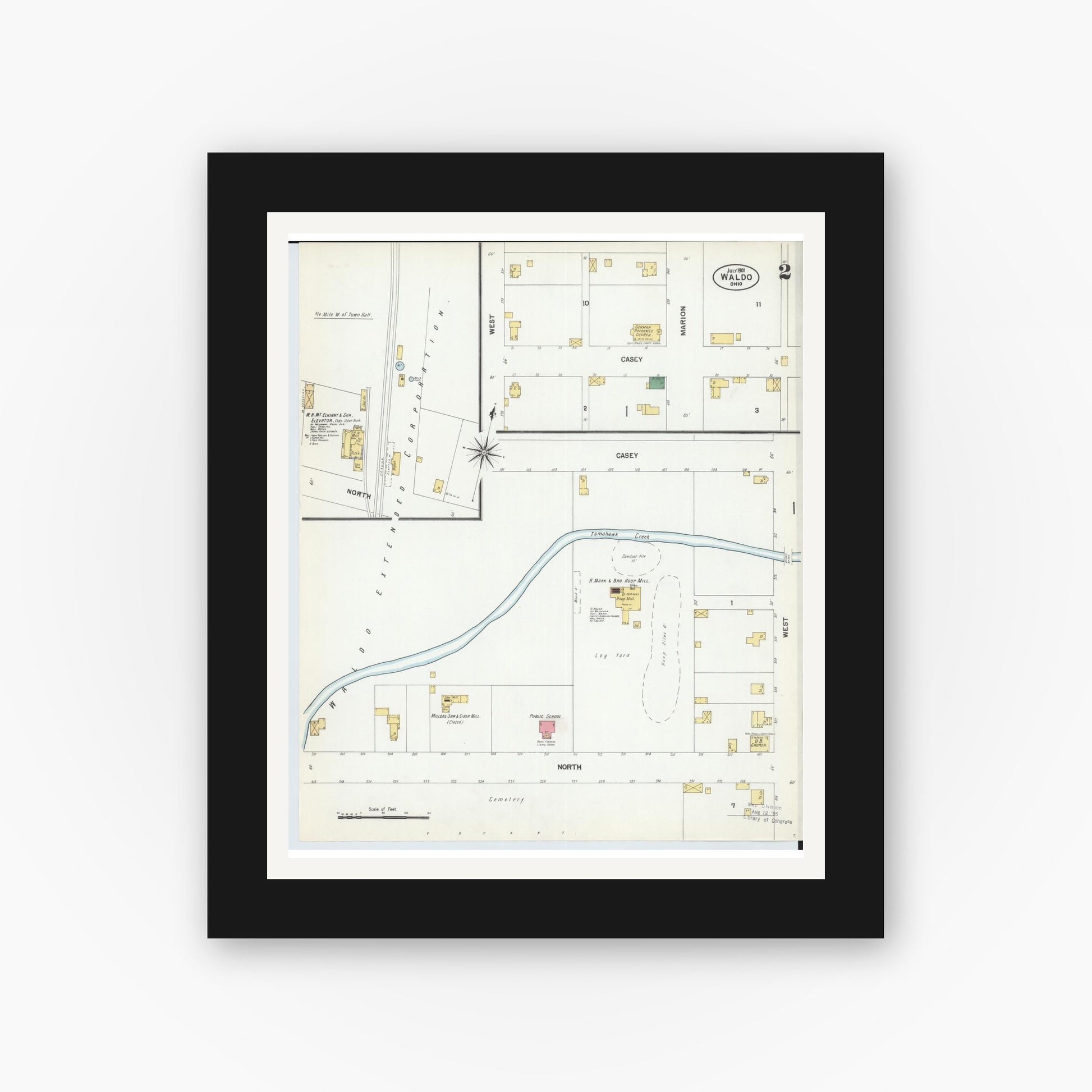 Old map wall art mockup — black gallery frame with white mat — Sanborn Fire Insurance Map from Waldo, Marion County, Ohio (1901), Sheet #0002