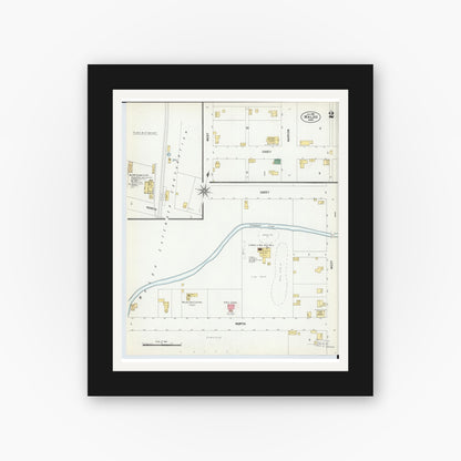 Old map wall art mockup — black gallery frame with white mat — Sanborn Fire Insurance Map from Waldo, Marion County, Ohio (1901), Sheet #0002