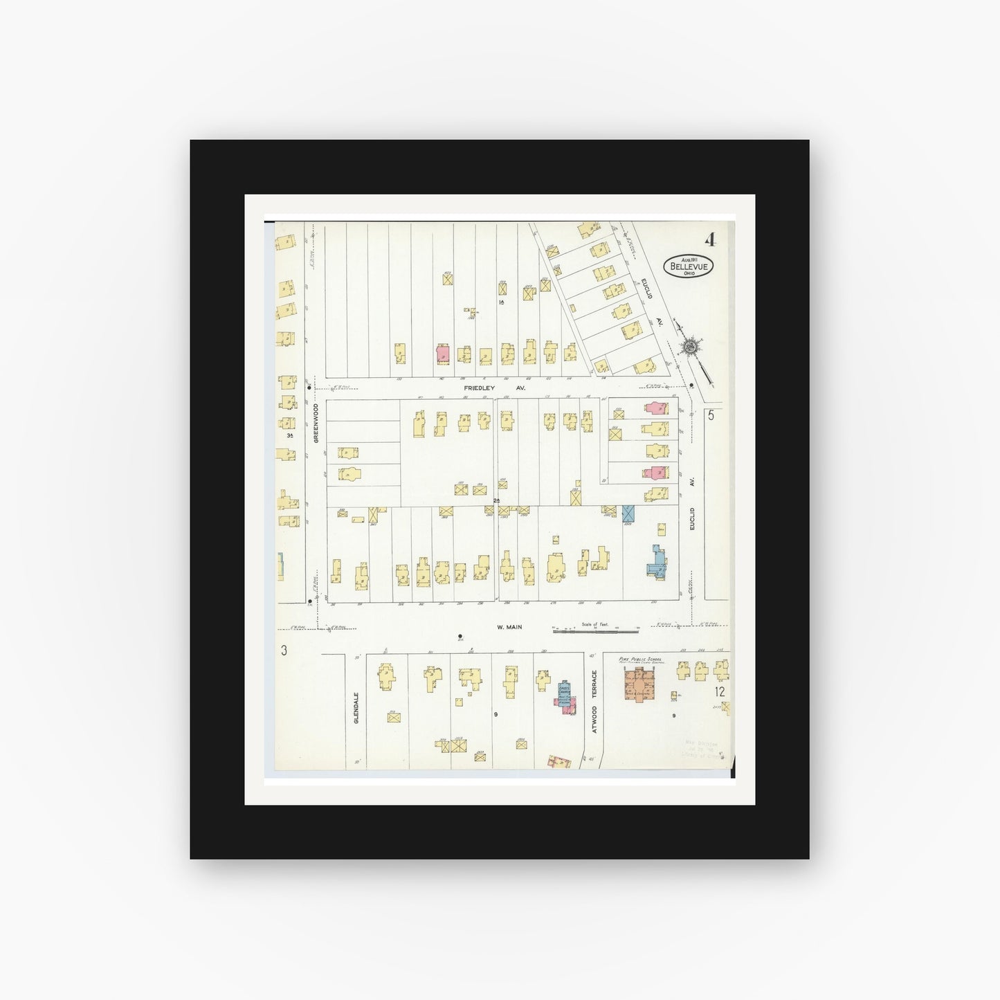 Old map wall art mockup — black gallery frame with white mat — Sanborn Fire Insurance Map from Bellevue, Huron And Sandusky County, Ohio (1911), Sheet #0004