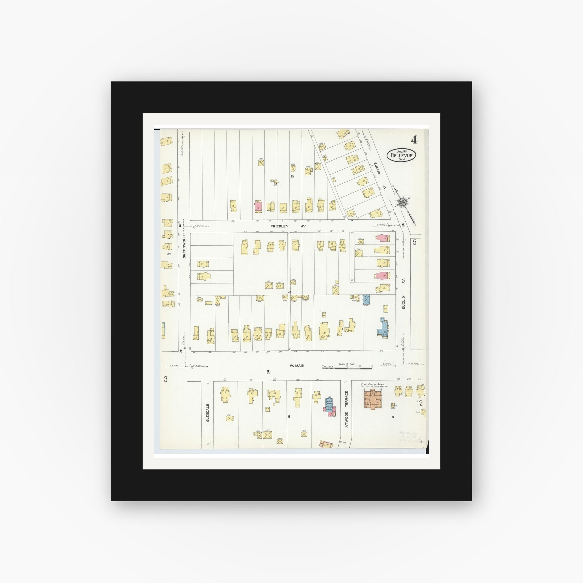 Old map wall art mockup — black gallery frame with white mat — Sanborn Fire Insurance Map from Bellevue, Huron And Sandusky County, Ohio (1911), Sheet #0004