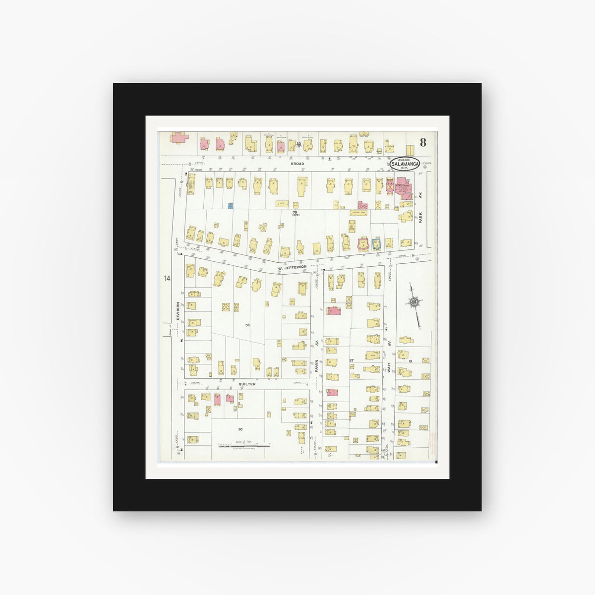 Old map wall art mockup — black gallery frame with white mat — Sanborn Fire Insurance Map from Salamanca, Cattaraugus County, New York (1918), Sheet #0008