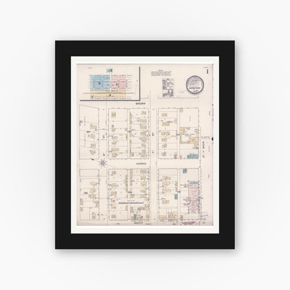 Old map wall art mockup — black gallery frame with white mat — Sanborn Fire Insurance Map from Hanford, Kings County, California (1888) - Complete Map Set