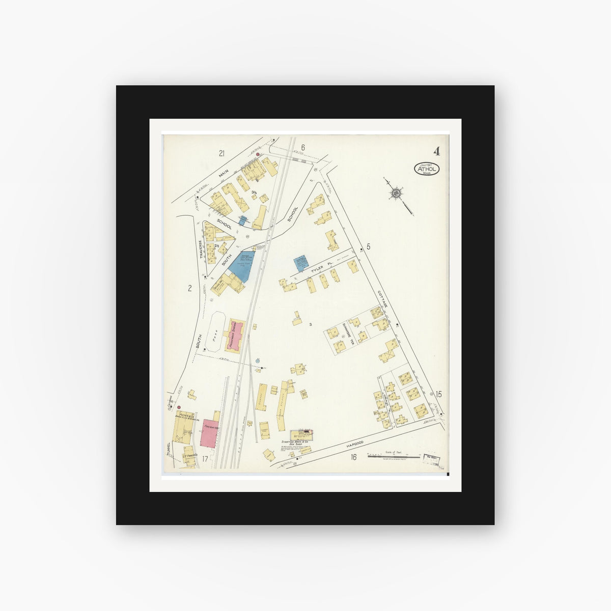 Old map wall art mockup — black gallery frame with white mat — Sanborn Fire Insurance Map from Athol, Worcester County, Massachusetts (1917), Sheet #0004