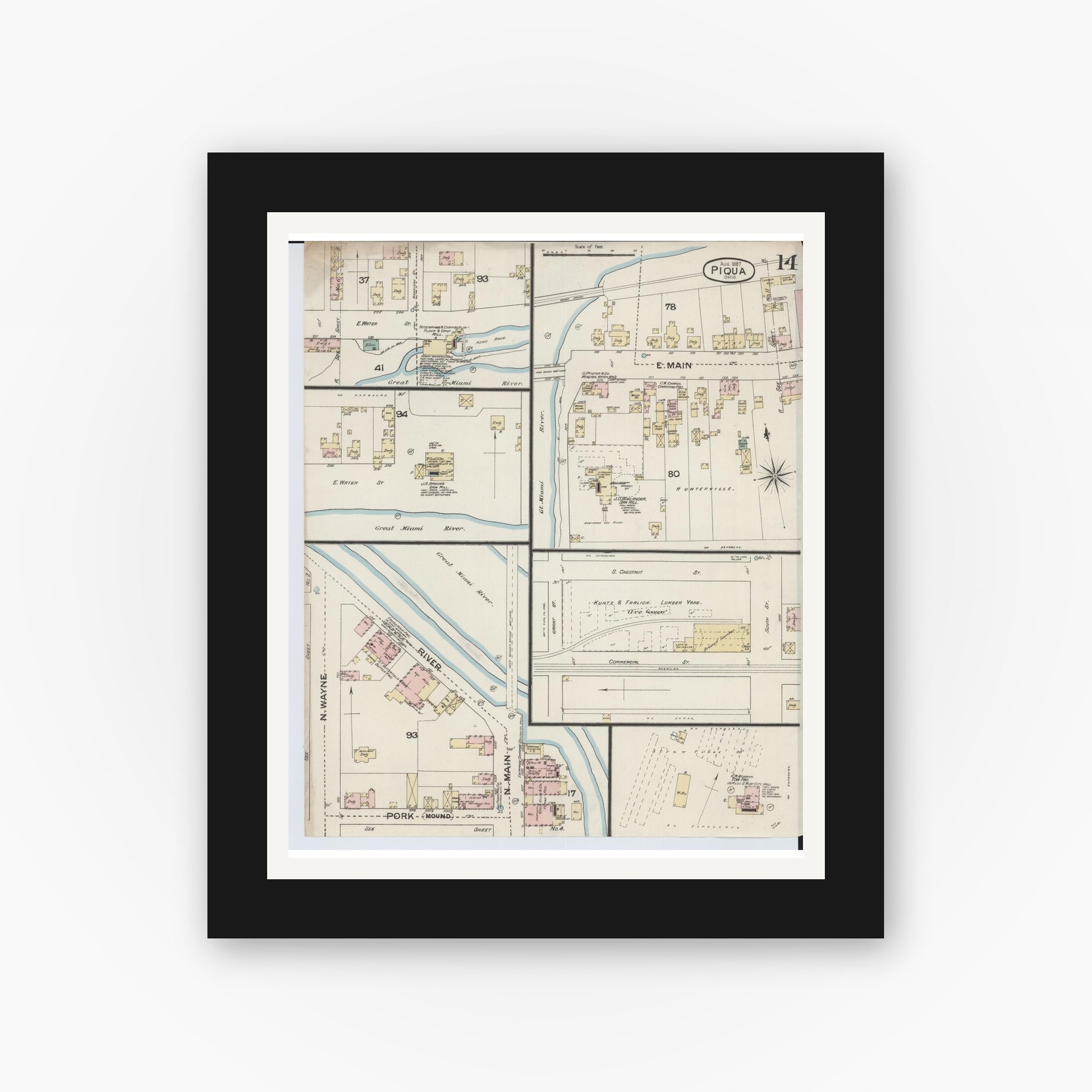 Old map wall art mockup — black gallery frame with white mat — Sanborn Fire Insurance Map from Piqua, Miami County, Ohio (1887), Sheet #0014