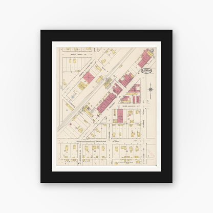 Old map wall art mockup — black gallery frame with white mat — Sanborn Fire Insurance Map from Blue Mound, Macon County, Illinois (1922), Sheet #0002