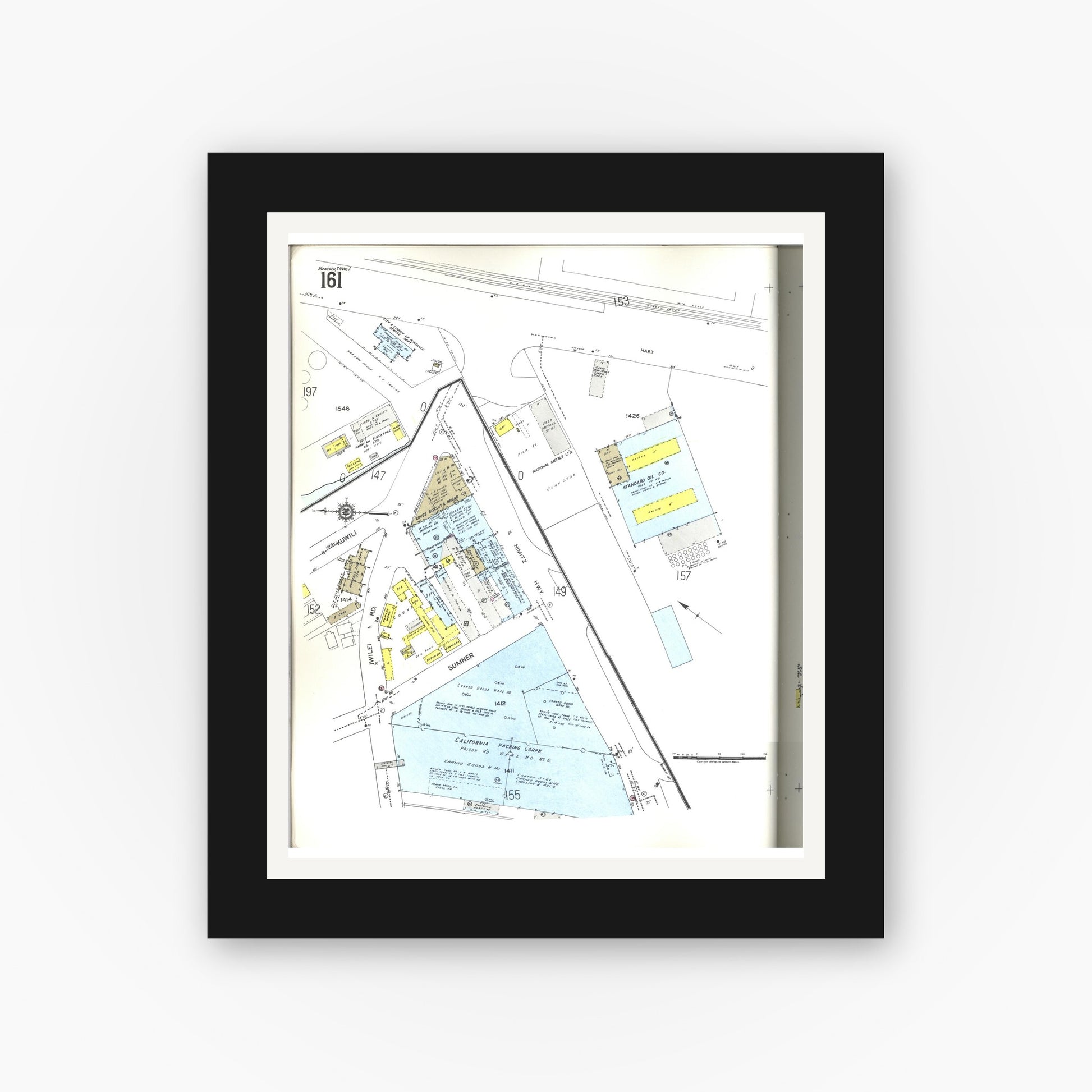 Old map wall art mockup — black gallery frame with white mat — Sanborn Fire Insurance Map from Honolulu, Oahu County, Hawaii (1955), Sheet #0161