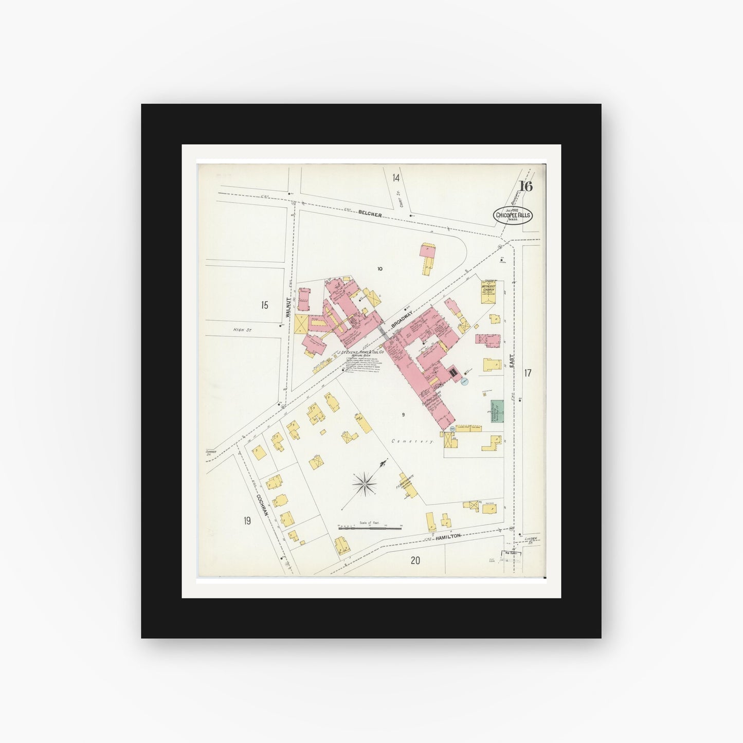 Old map wall art mockup — black gallery frame with white mat — Sanborn Fire Insurance Map from Chicopee, Hampden County, Massachusetts (1902), Sheet #0016