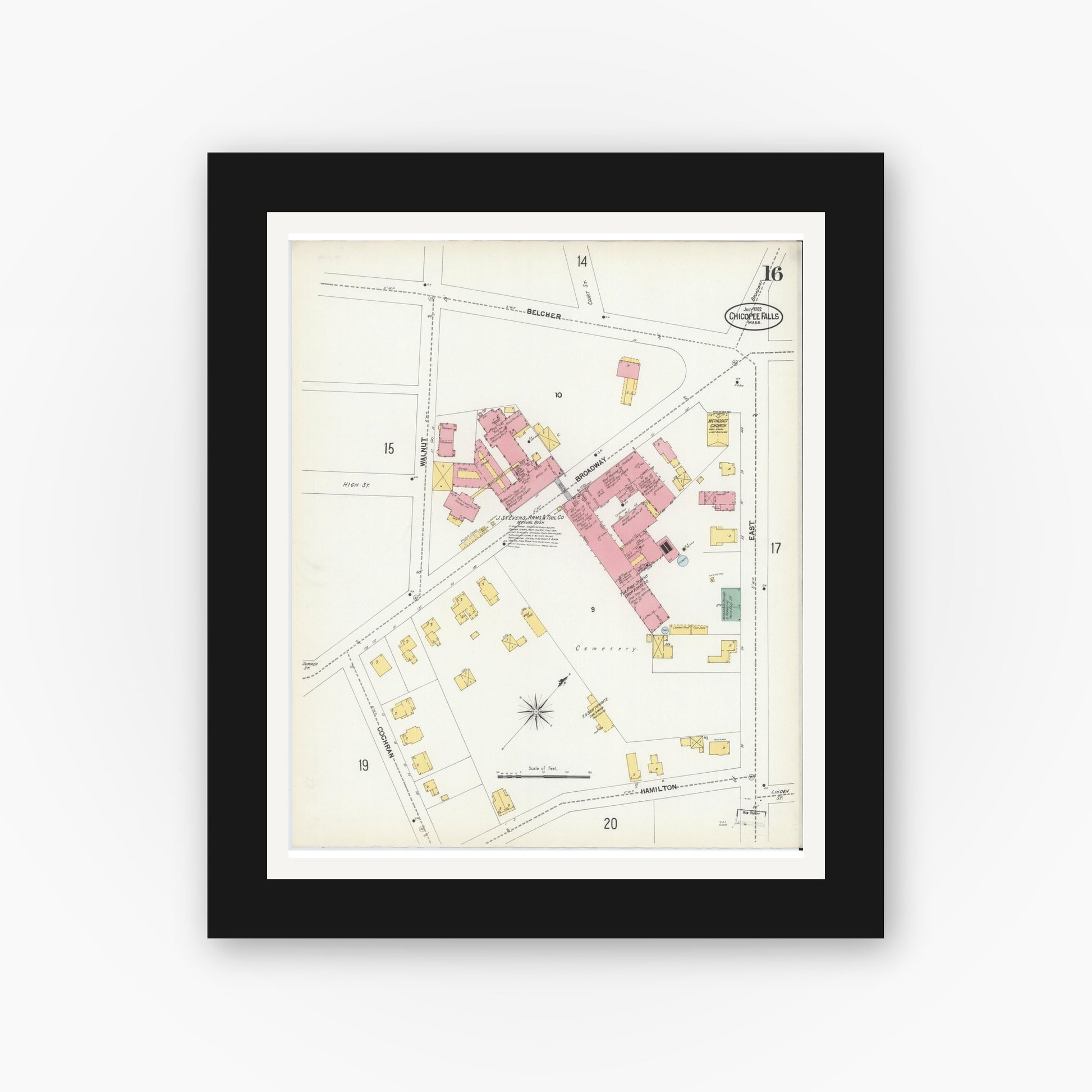 Old map wall art mockup — black gallery frame with white mat — Sanborn Fire Insurance Map from Chicopee, Hampden County, Massachusetts (1902), Sheet #0016