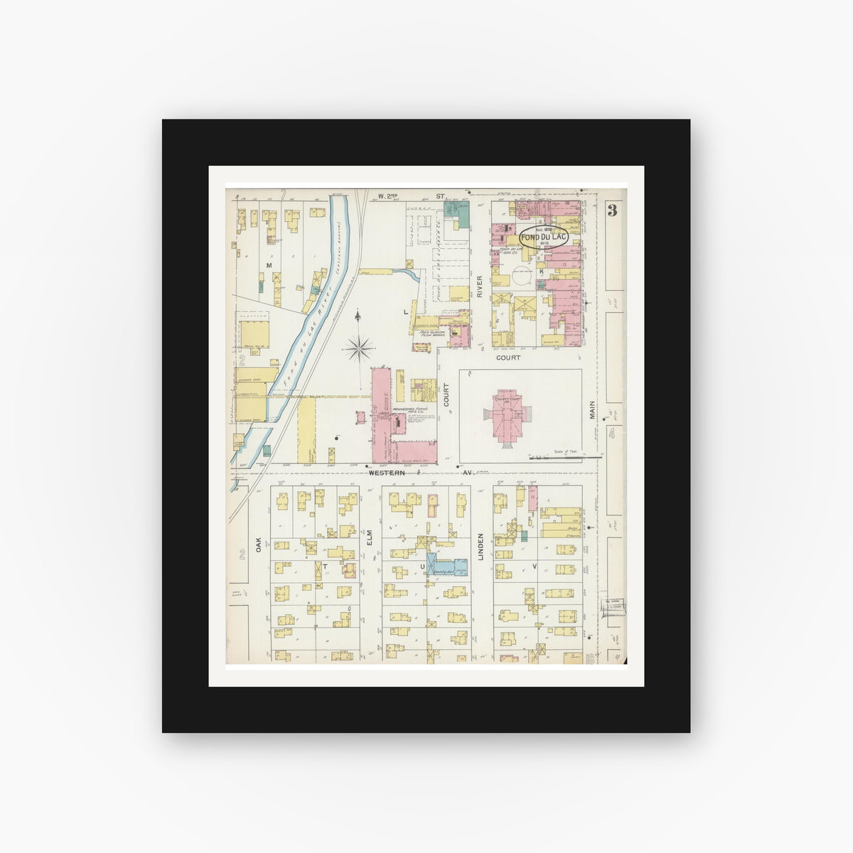 Old map wall art mockup — black gallery frame with white mat — Sanborn Fire Insurance Map from Fond du Lac, Fond du Lac County, Wisconsin (1892), Sheet #0003