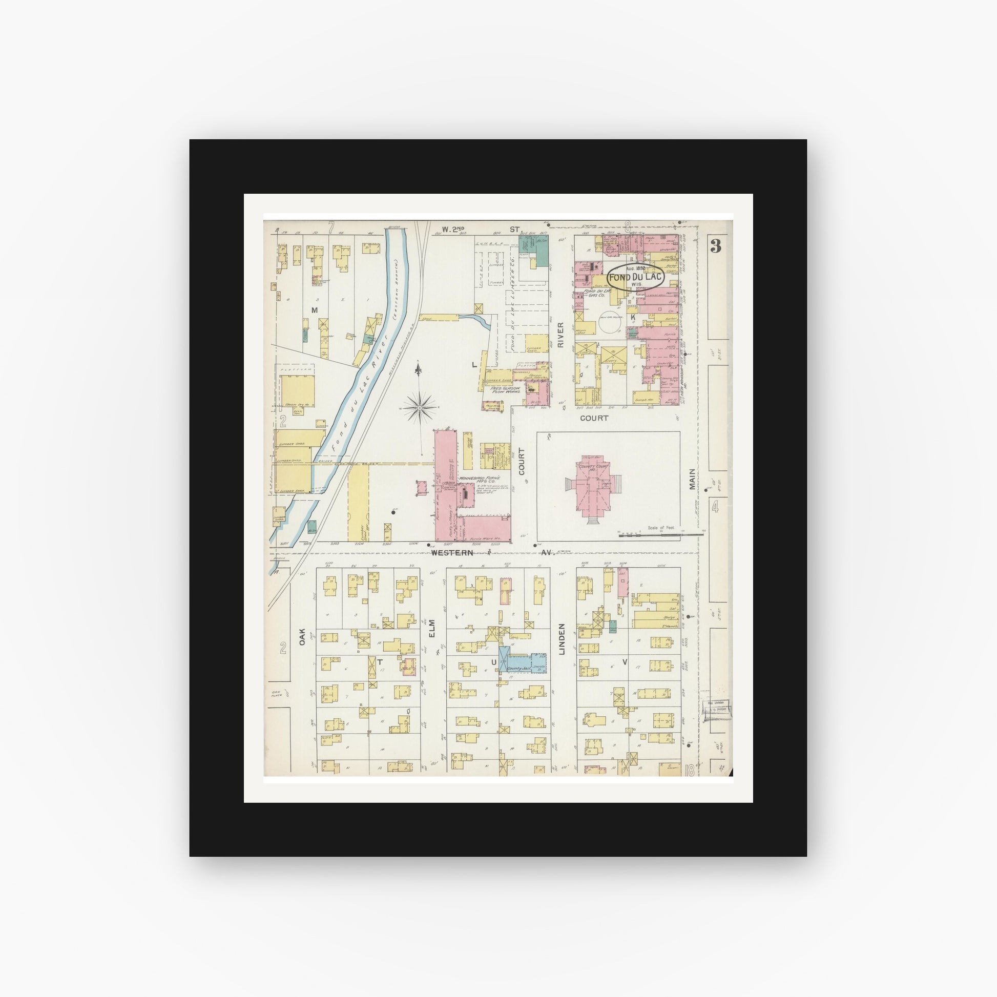 Old map wall art mockup — black gallery frame with white mat — Sanborn Fire Insurance Map from Fond du Lac, Fond du Lac County, Wisconsin (1892), Sheet #0003