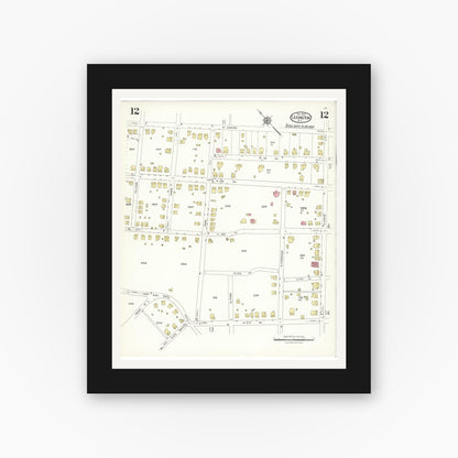 Old map wall art mockup — black gallery frame with white mat — Sanborn Fire Insurance Map from Lexington, Davidson County, North Carolina (1923), Sheet #0012