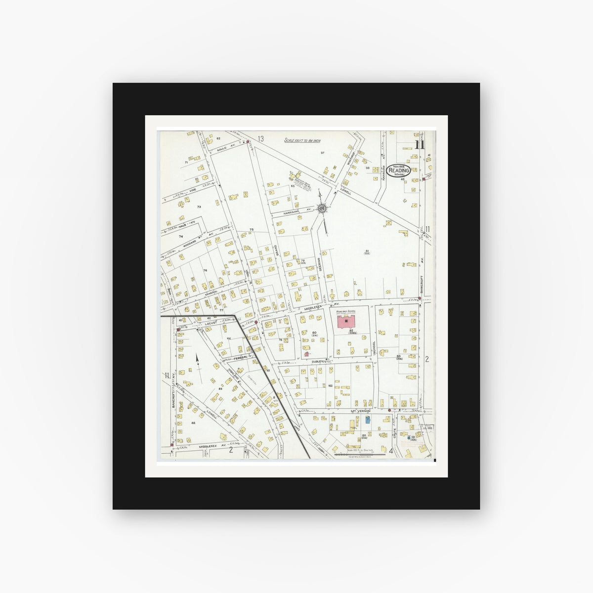 Old map wall art mockup — black gallery frame with white mat — Sanborn Fire Insurance Map from Reading, Middlesex County, Massachusetts (1918), Sheet #0011