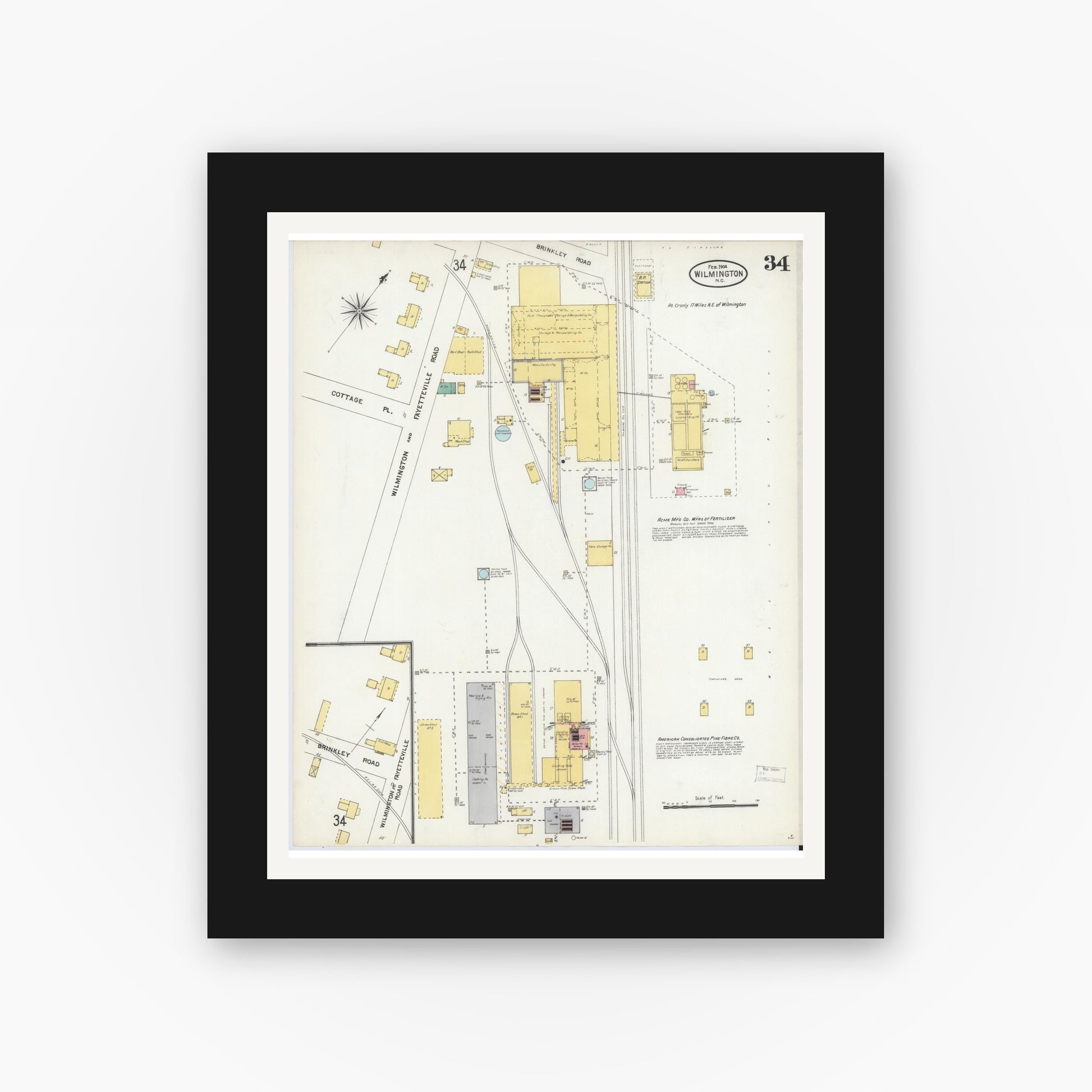 Old map wall art mockup — black gallery frame with white mat — Sanborn Fire Insurance Map from Wilmington, New Hanover County, North Carolina (1904), Sheet #0034