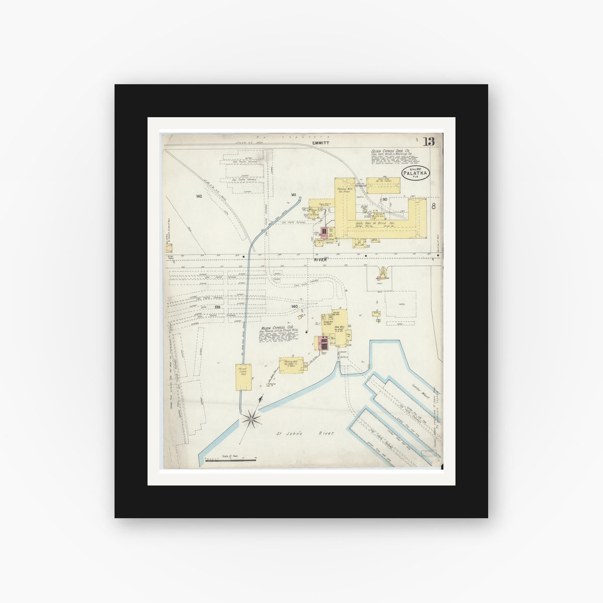 Old map wall art mockup — black gallery frame with white mat — Sanborn Fire Insurance Map from Palatka, Putnam County, Florida (1897), Sheet #0013