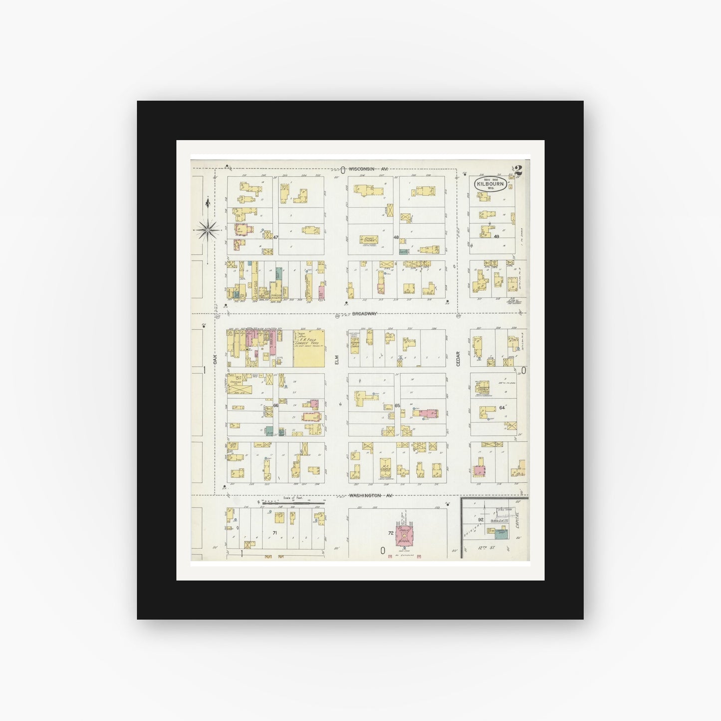 Old map wall art mockup — black gallery frame with white mat — Sanborn Fire Insurance Map from Kilbourn, Columbia County, Wisconsin (1902), Sheet #0002