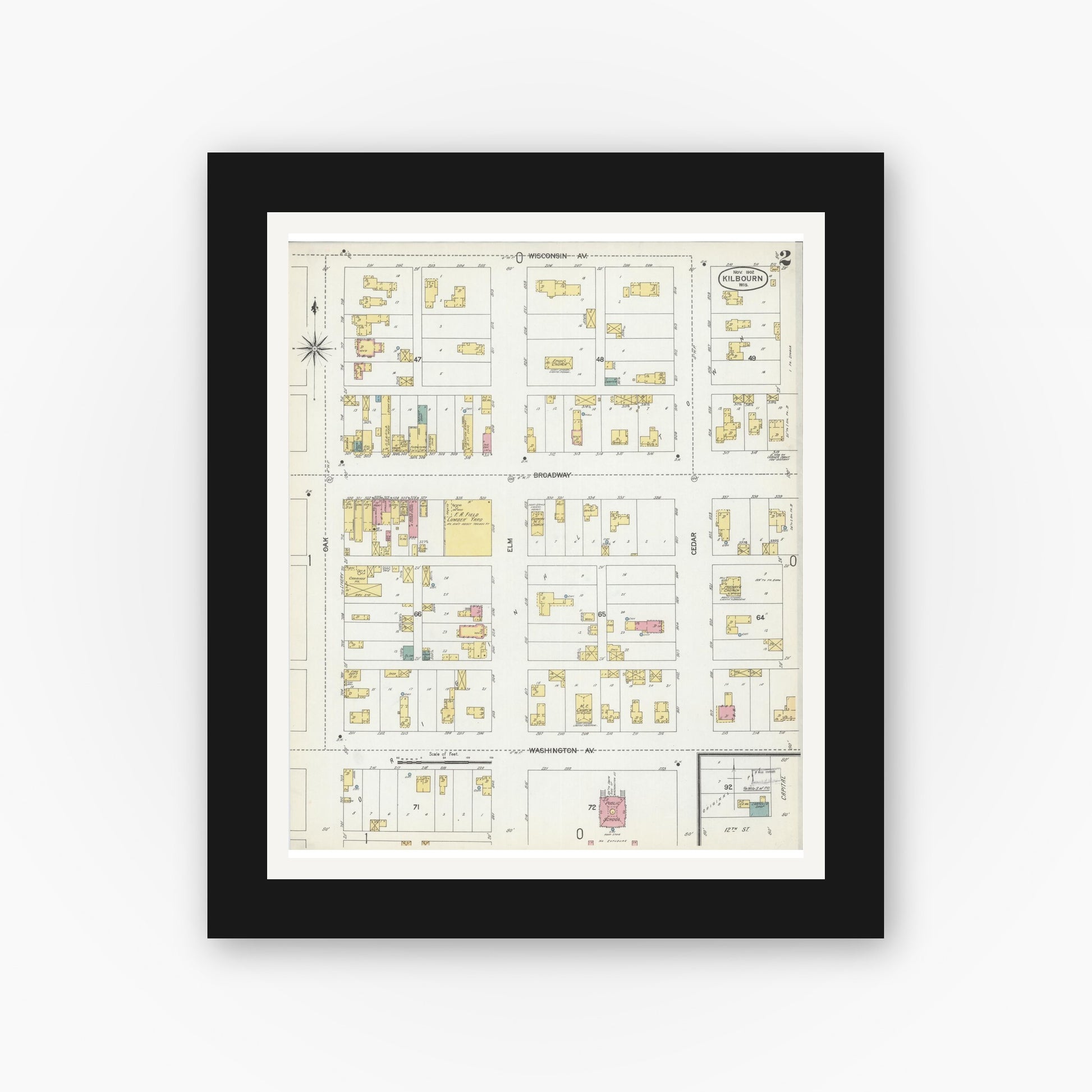 Old map wall art mockup — black gallery frame with white mat — Sanborn Fire Insurance Map from Kilbourn, Columbia County, Wisconsin (1902), Sheet #0002