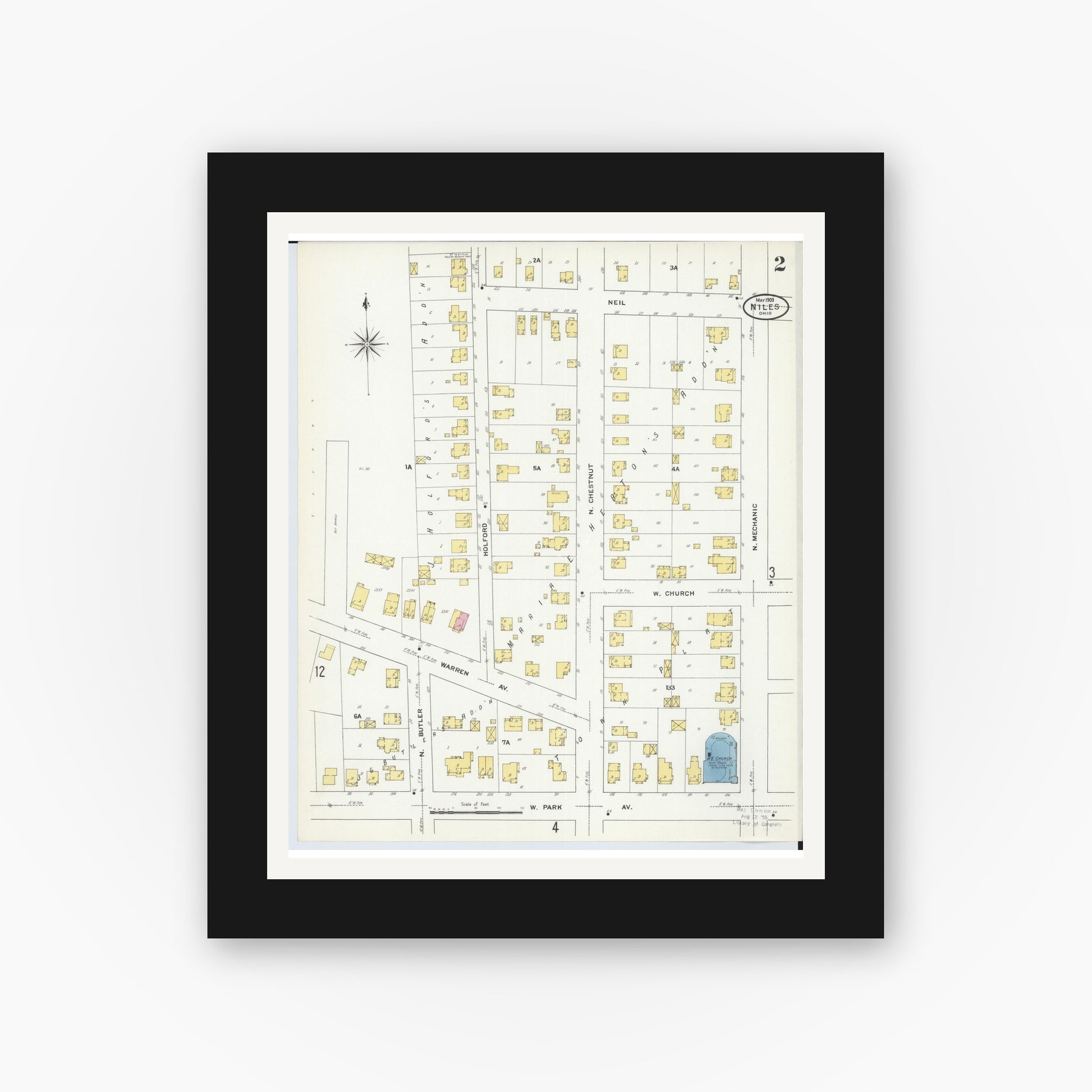 Old map wall art mockup — black gallery frame with white mat — Sanborn Fire Insurance Map from Niles, Trumbull County, Ohio (1909), Sheet #0002