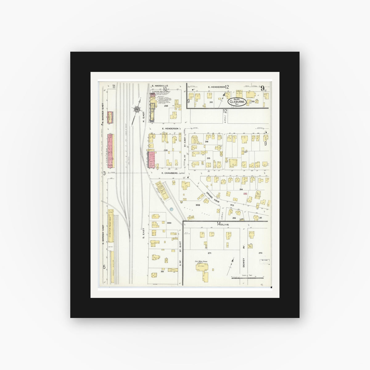 Old map wall art mockup — black gallery frame with white mat — Sanborn Fire Insurance Map from Cleburne, Johnson County, Texas (1910), Sheet #0009