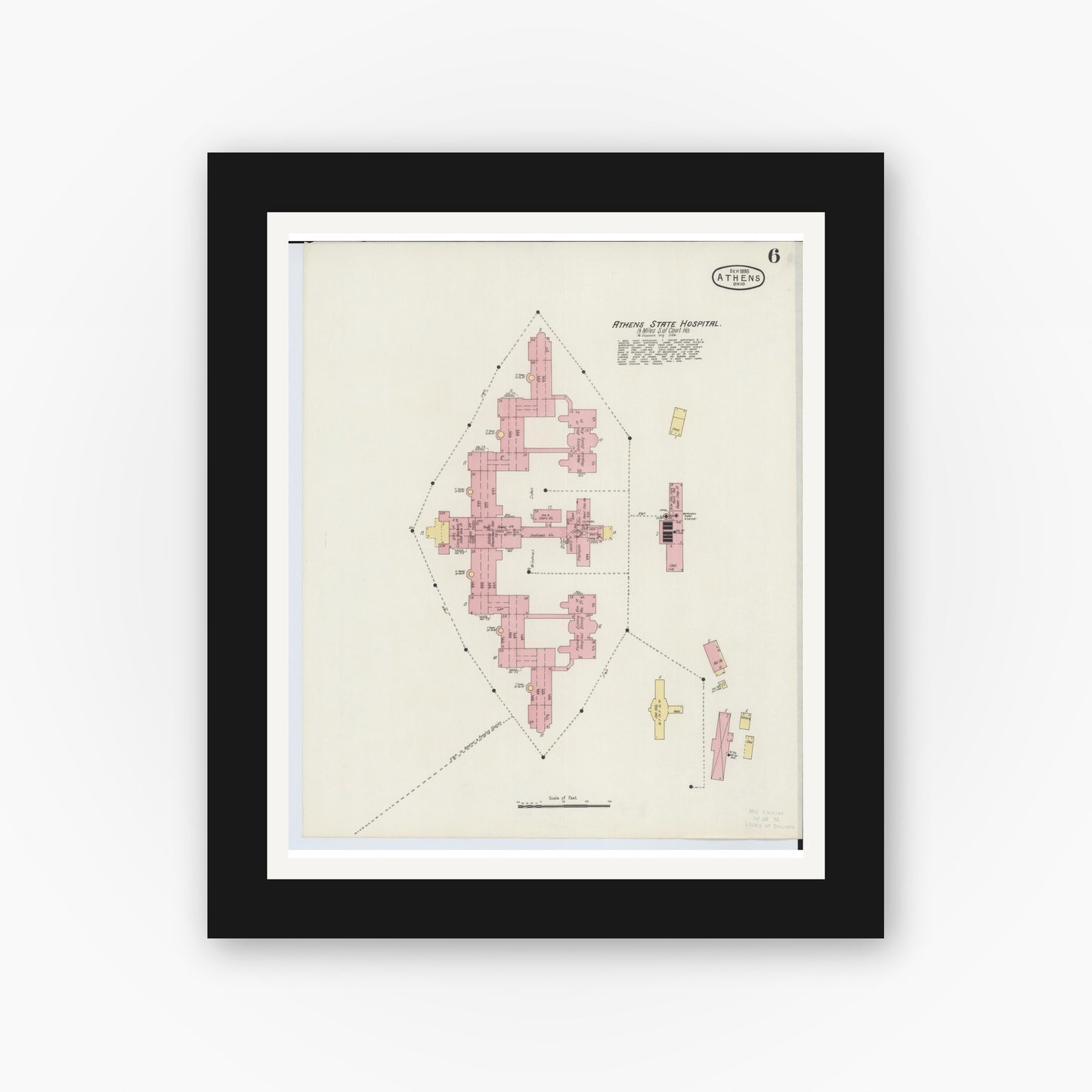 Old map wall art mockup — black gallery frame with white mat — Sanborn Fire Insurance Map from Athens, Athens County, Ohio (1895), Sheet #0006