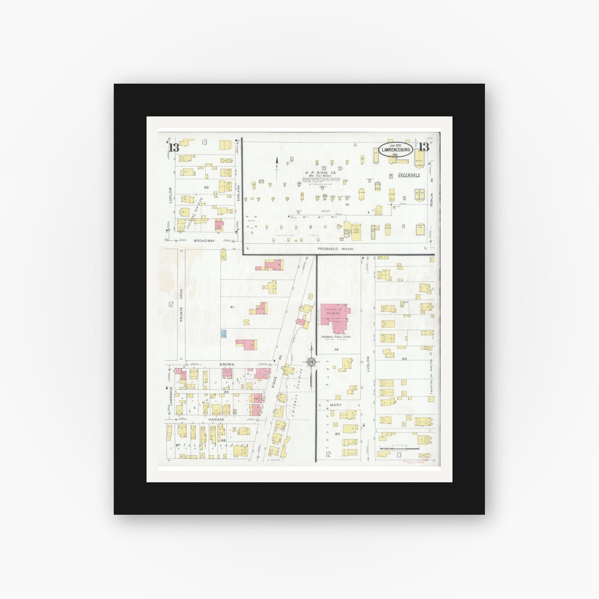 Old map wall art mockup — black gallery frame with white mat — Sanborn Fire Insurance Map from Lawrenceburg, Dearborn County, Indiana (1931), Sheet #0013