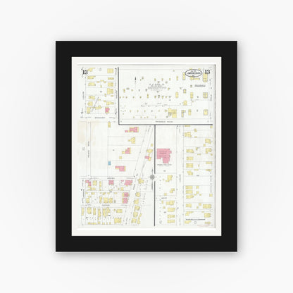 Old map wall art mockup — black gallery frame with white mat — Sanborn Fire Insurance Map from Lawrenceburg, Dearborn County, Indiana (1931), Sheet #0013