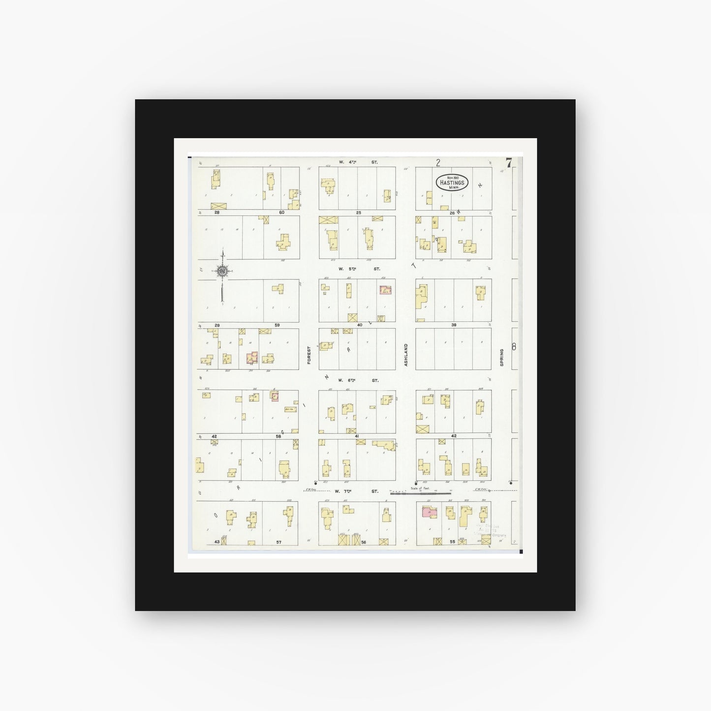 Old map wall art mockup — black gallery frame with white mat — Sanborn Fire Insurance Map from Hastings, Dakota County, Minnesota (1910), Sheet #0007