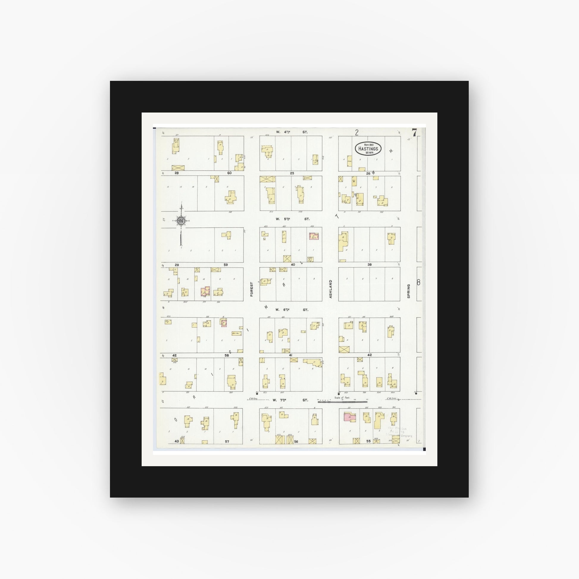 Old map wall art mockup — black gallery frame with white mat — Sanborn Fire Insurance Map from Hastings, Dakota County, Minnesota (1910), Sheet #0007