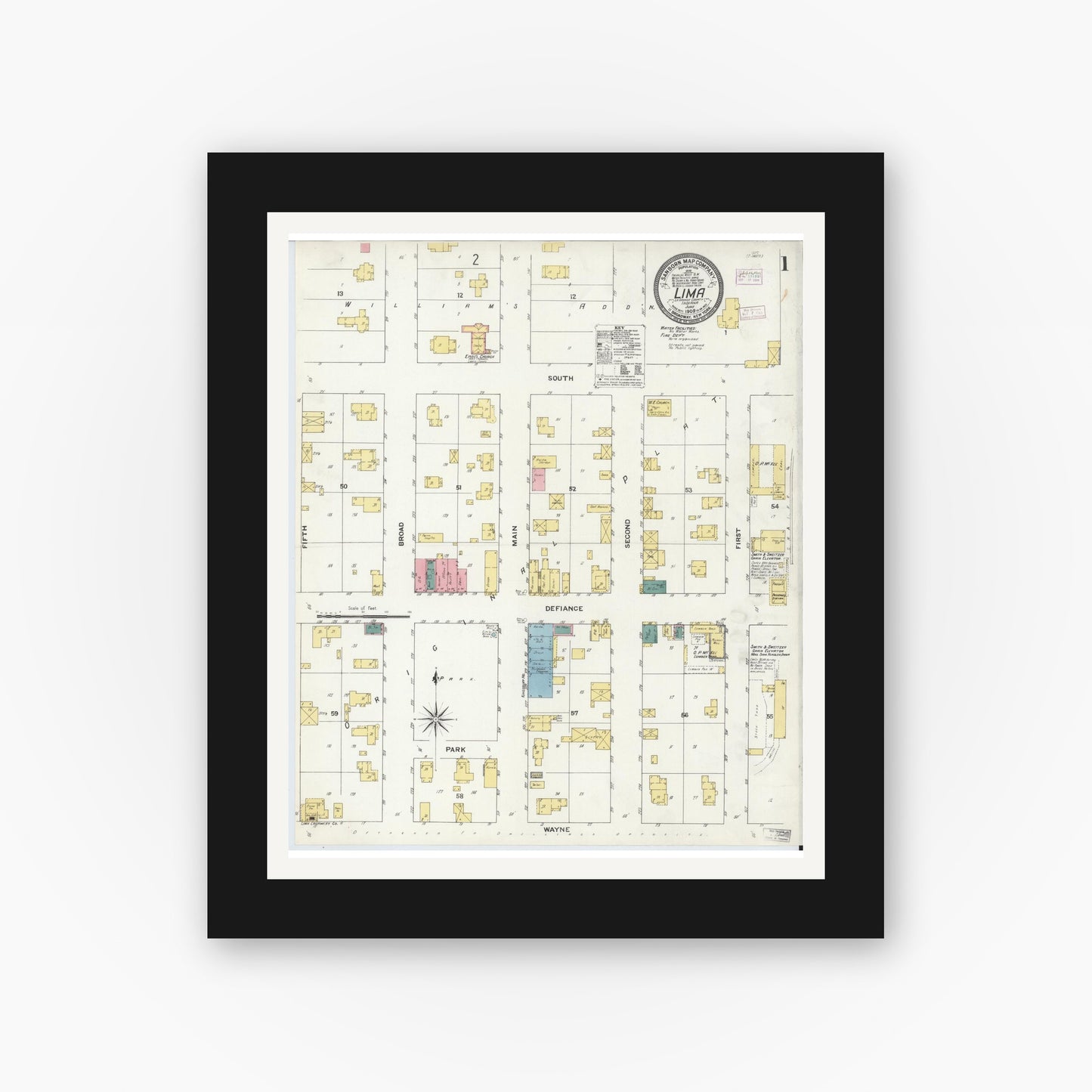 Old map wall art mockup — black gallery frame with white mat — Sanborn Fire Insurance Map from Lima, LaGrange County, Indiana (1909), Sheet #0001