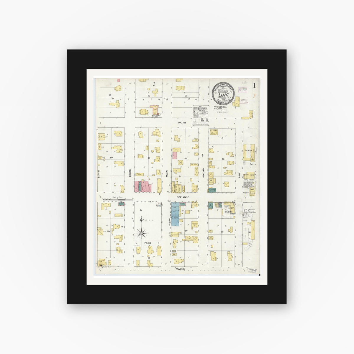 Old map wall art mockup — black gallery frame with white mat — Sanborn Fire Insurance Map from Lima, LaGrange County, Indiana (1909), Sheet #0001