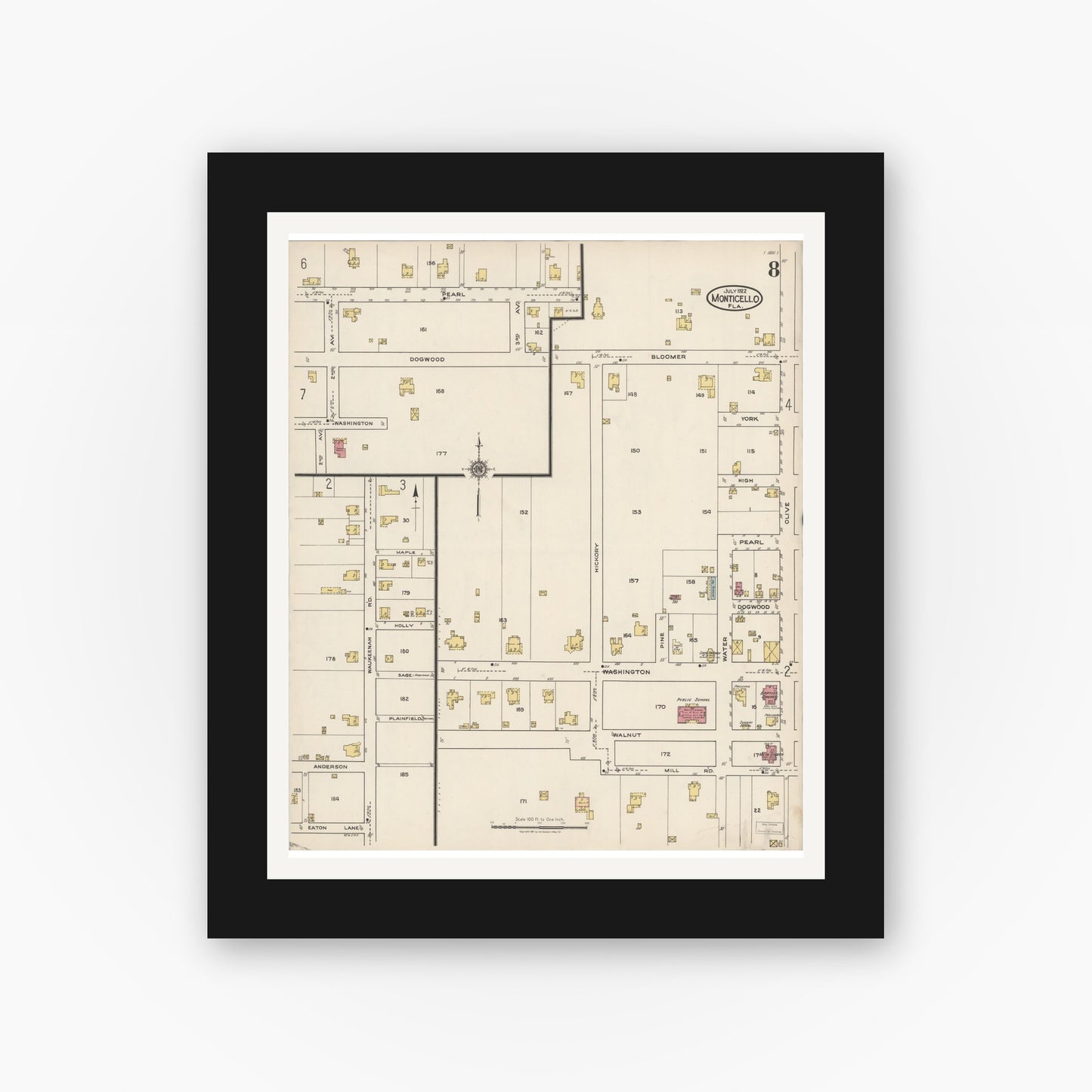 Old map wall art mockup — black gallery frame with white mat — Sanborn Fire Insurance Map from Monticello, Jefferson County, Florida (1922), Sheet #0008