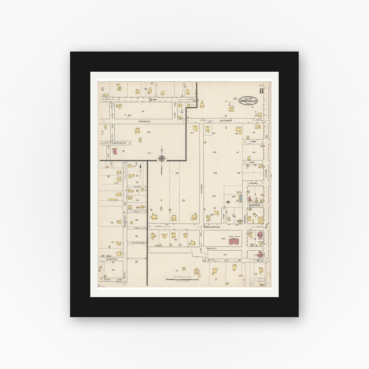 Old map wall art mockup — black gallery frame with white mat — Sanborn Fire Insurance Map from Monticello, Jefferson County, Florida (1922), Sheet #0008