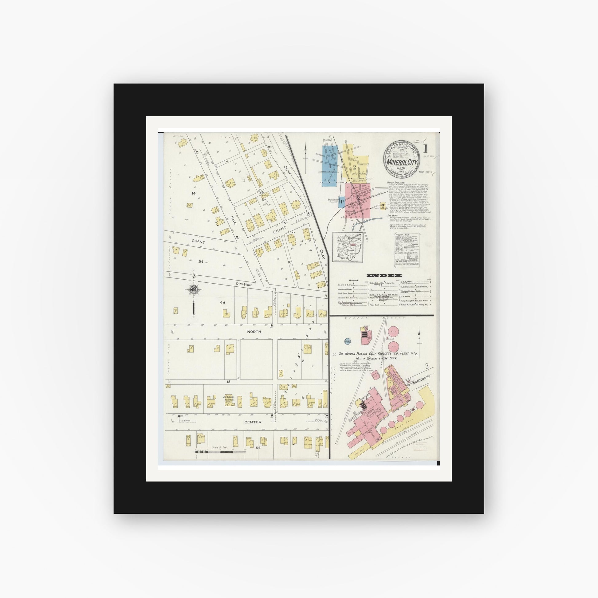 Old map wall art mockup — black gallery frame with white mat — Sanborn Fire Insurance Map from Mineral City, Tuscarawas County, Ohio (1915) - Complete Map Set