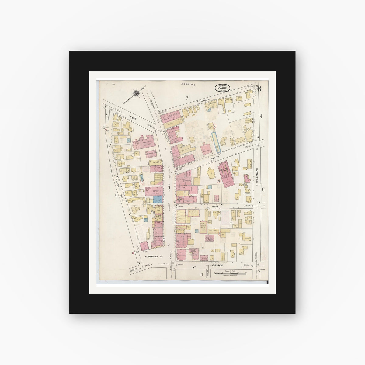 Old map wall art mockup — black gallery frame with white mat — Sanborn Fire Insurance Map from Ware, Hampshire County, Massachusetts (1946), Sheet #0006