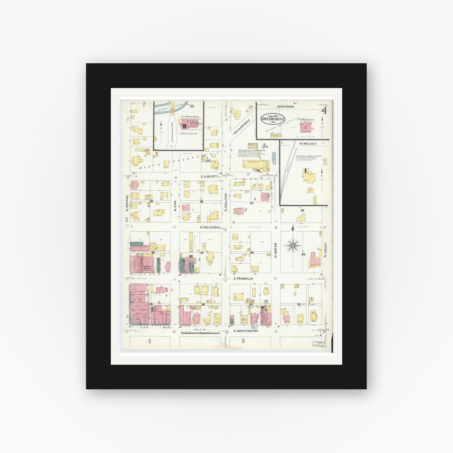Old map wall art mockup — black gallery frame with white mat — Sanborn Fire Insurance Map from Greencastle, Putnam County, Indiana (1907), Sheet #0004
