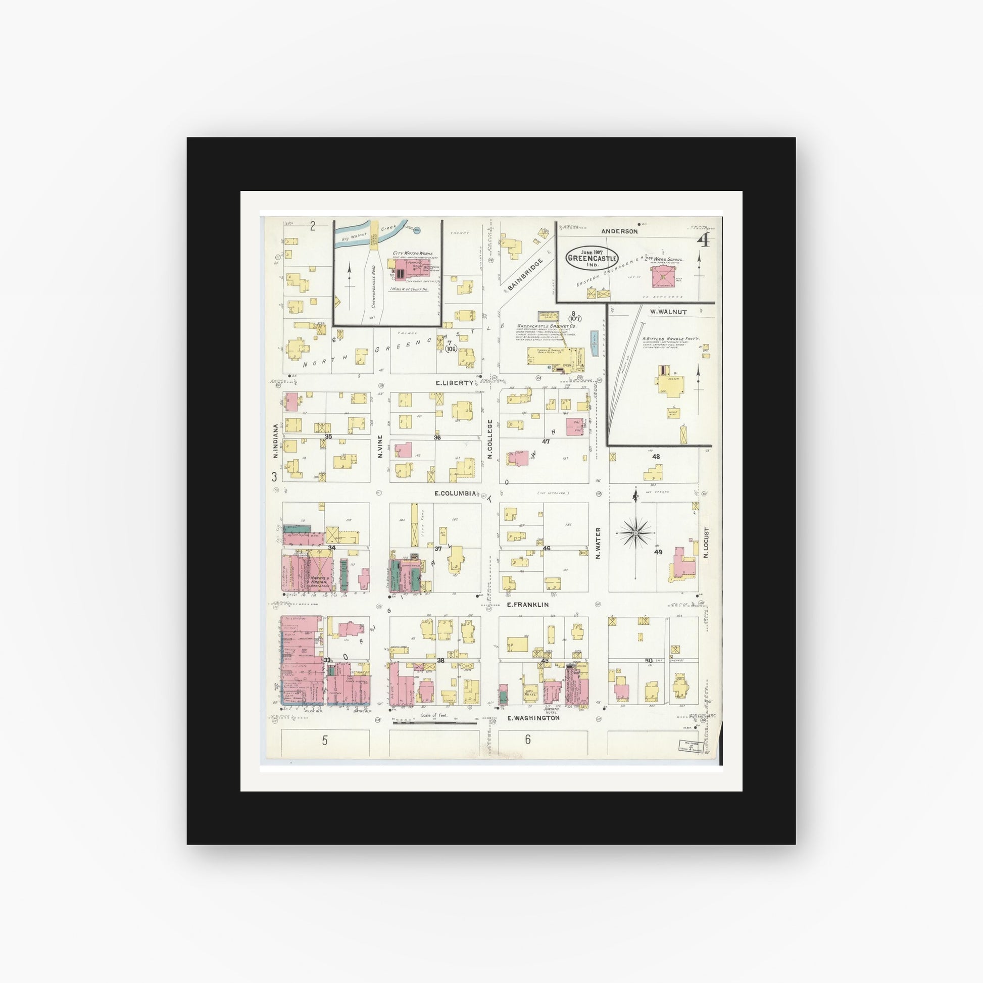 Old map wall art mockup — black gallery frame with white mat — Sanborn Fire Insurance Map from Greencastle, Putnam County, Indiana (1907), Sheet #0004
