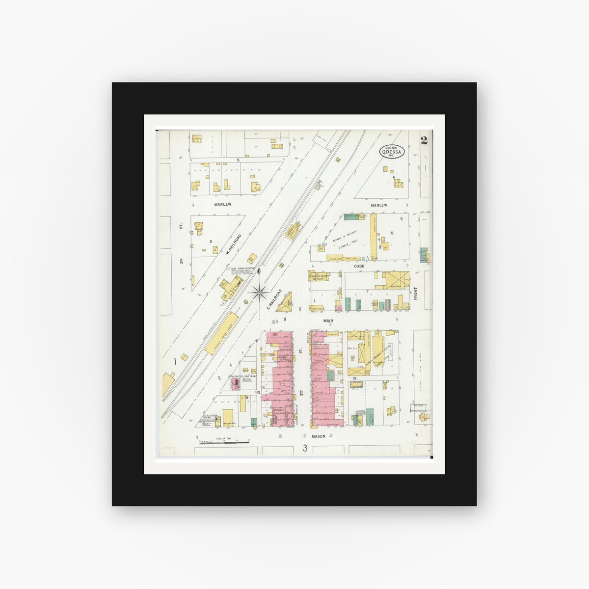 Old map wall art mockup — black gallery frame with white mat — Sanborn Fire Insurance Map from Odessa, Lafayette County, Missouri (1900), Sheet #0002