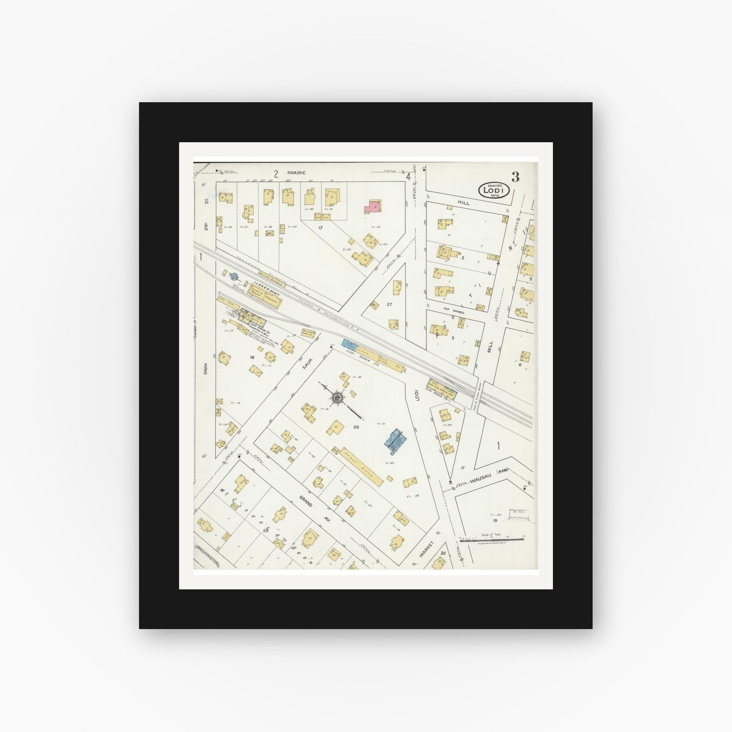Old map wall art mockup — black gallery frame with white mat — Sanborn Fire Insurance Map from Lodi, Columbia County, Wisconsin (1919), Sheet #0003