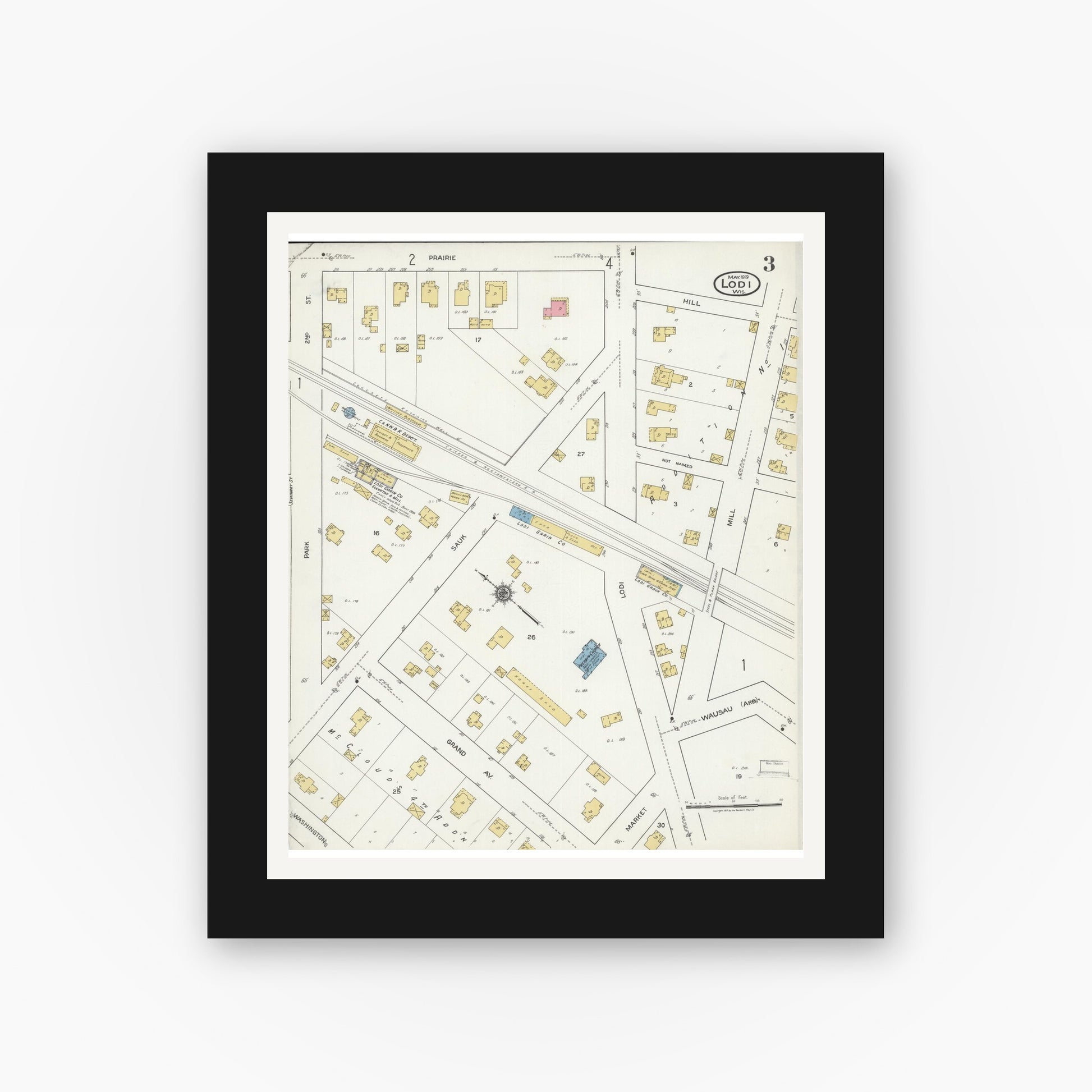 Old map wall art mockup — black gallery frame with white mat — Sanborn Fire Insurance Map from Lodi, Columbia County, Wisconsin (1919), Sheet #0003