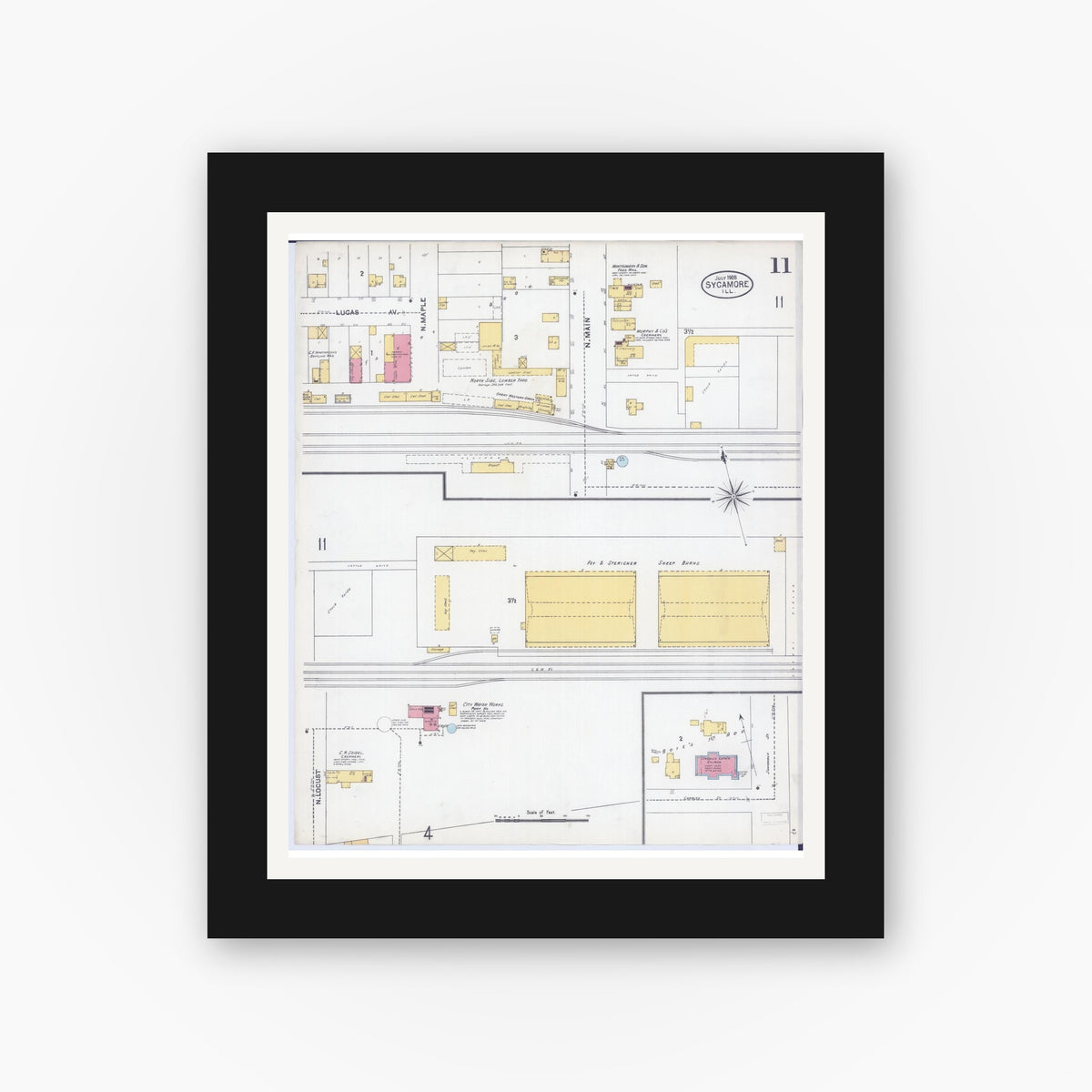 Old map wall art mockup — black gallery frame with white mat — Sanborn Fire Insurance Map from Sycamore, De Kalb County, Illinois (1905), Sheet #0011