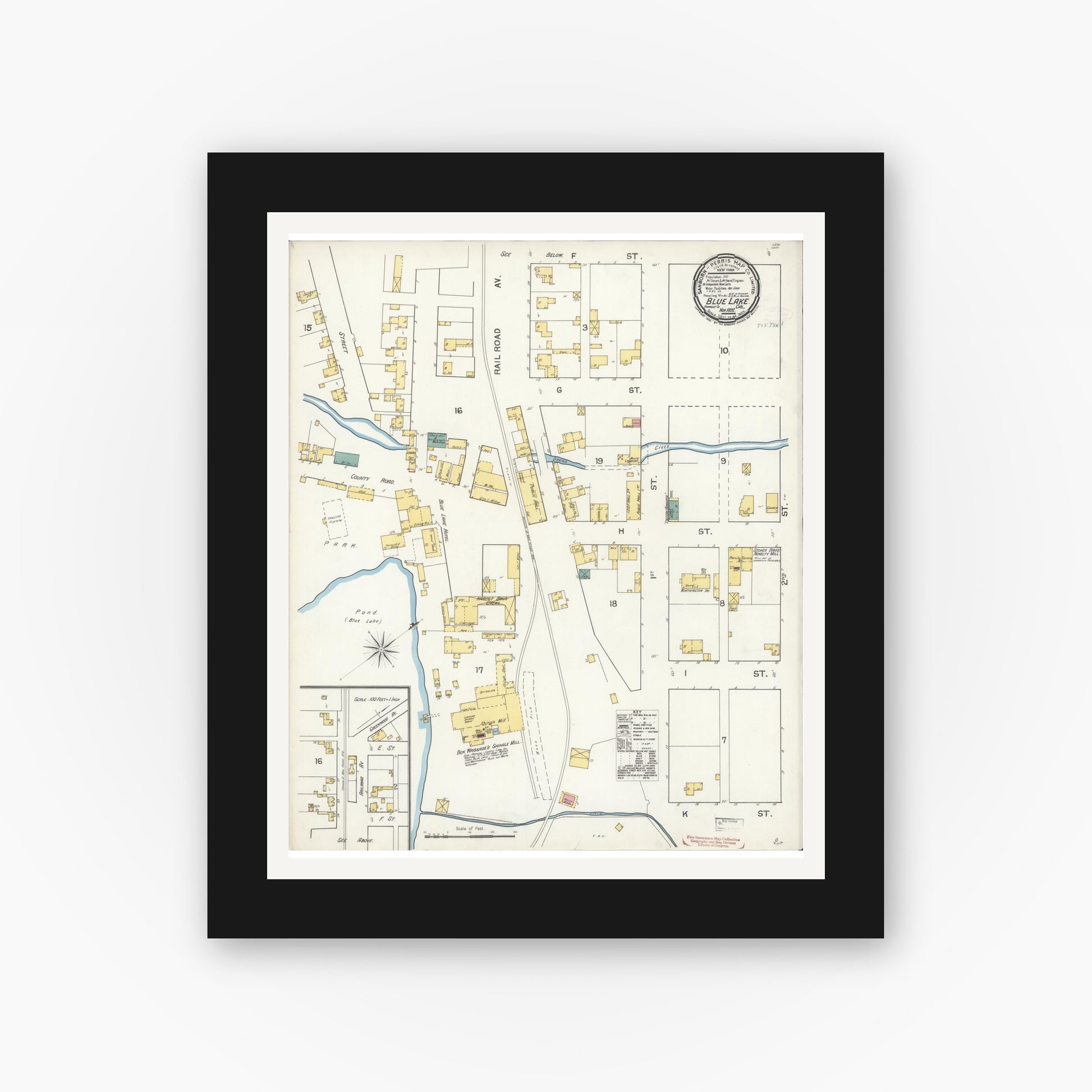 Old map wall art mockup — black gallery frame with white mat — Sanborn Fire Insurance Map from Blue Lake, Humboldt County, California (1892), Sheet #0001