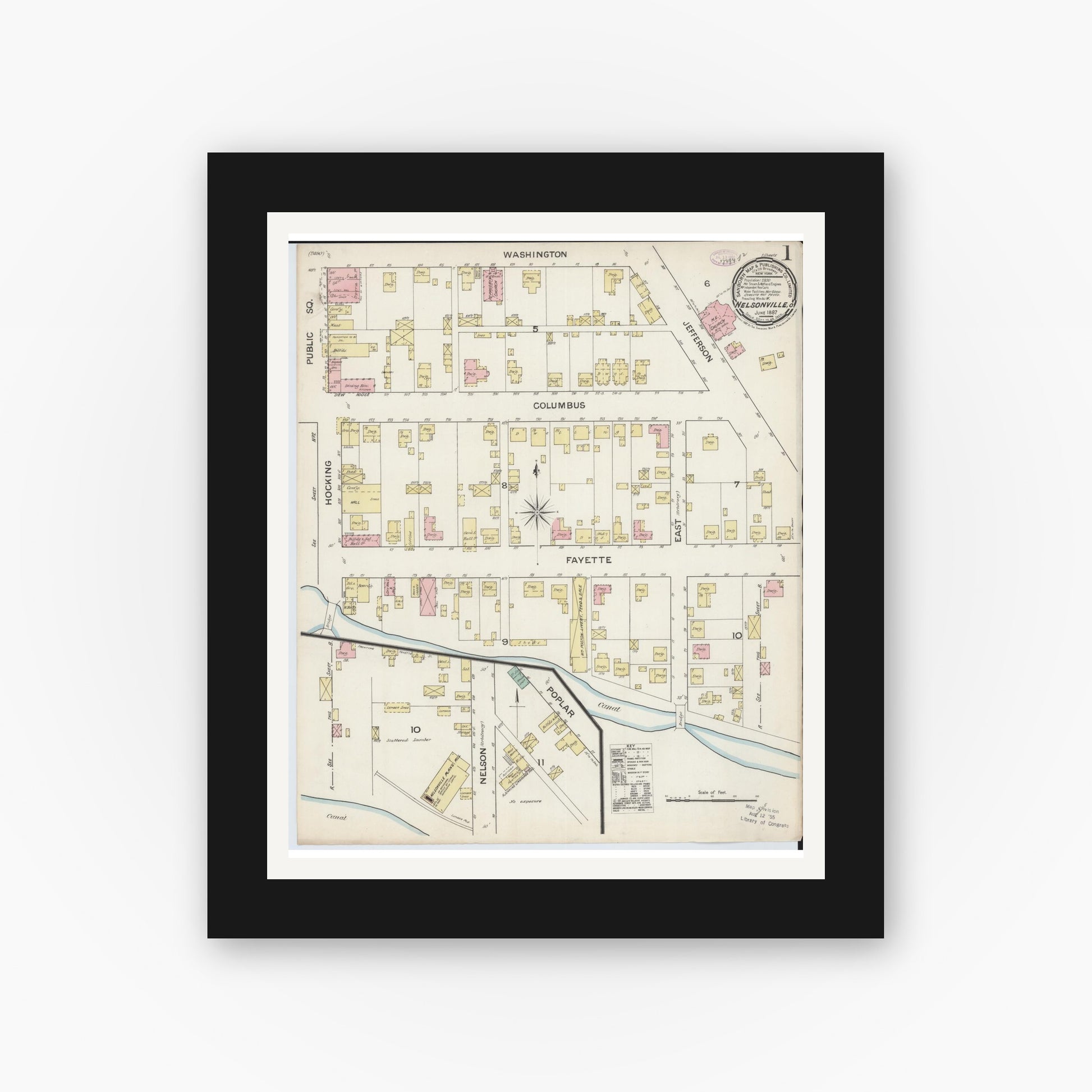 Old map wall art mockup — black gallery frame with white mat — Sanborn Fire Insurance Map from Nelsonville, Athens County, Ohio (1887), Sheet #0001