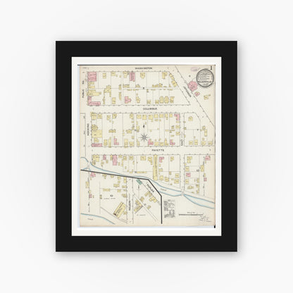 Old map wall art mockup — black gallery frame with white mat — Sanborn Fire Insurance Map from Nelsonville, Athens County, Ohio (1887), Sheet #0001