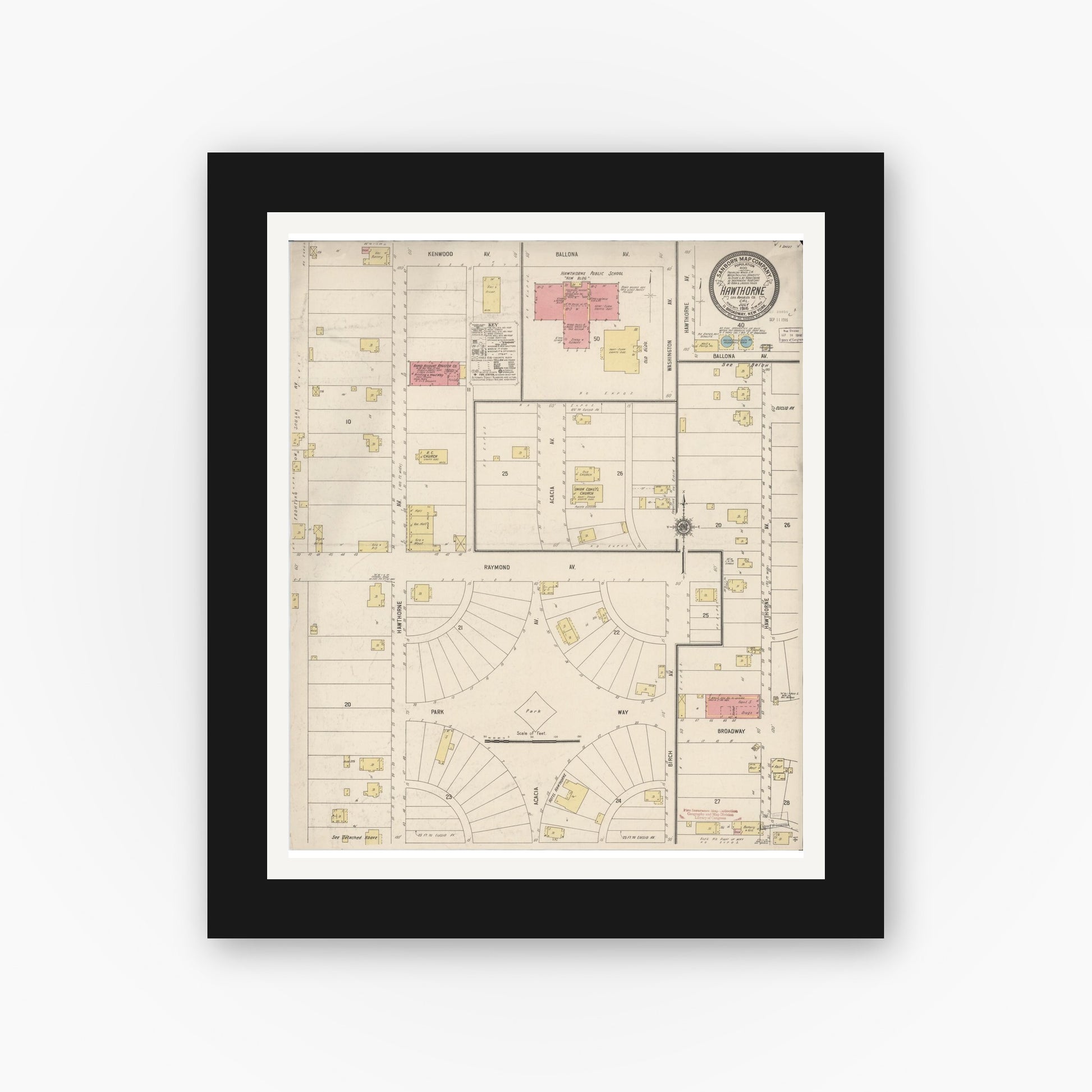Old map wall art mockup — black gallery frame with white mat — Sanborn Fire Insurance Map from Hawthorne, Los Angeles County, California (1916), Sheet #0001