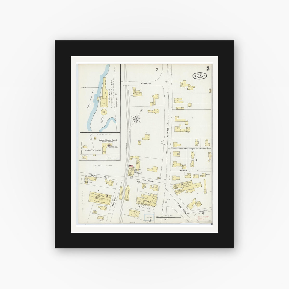 Old map wall art mockup — black gallery frame with white mat — Sanborn Fire Insurance Map from Quincy, Norfolk County, Massachusetts (1896), Sheet #0003