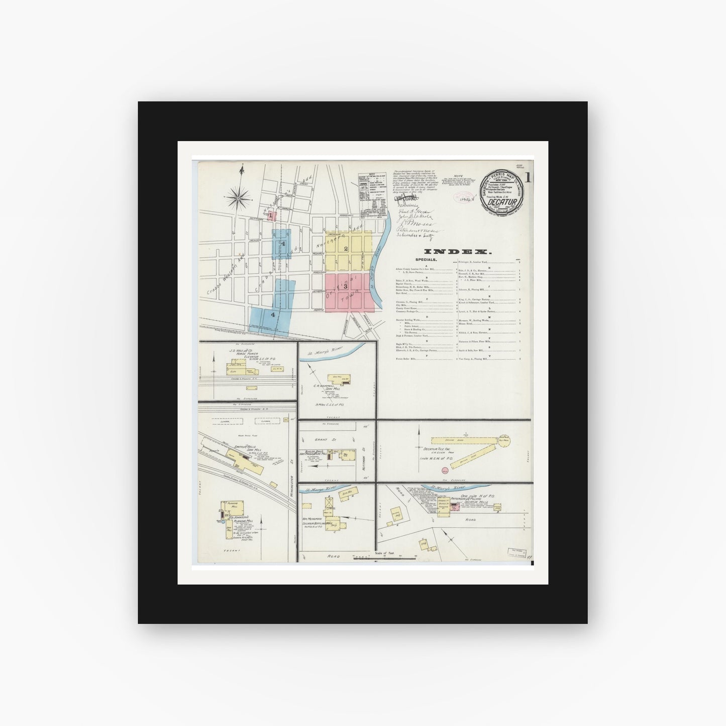 Old map wall art mockup — black gallery frame with white mat — Sanborn Fire Insurance Map from Decatur, Adams County, Indiana (1890), Sheet #0001